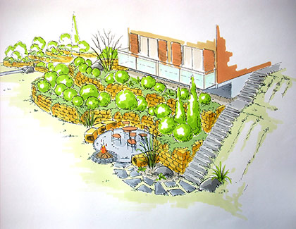 Planskizze des Gartens mit terrassierten Mauern, Treppe und Sitzplatz